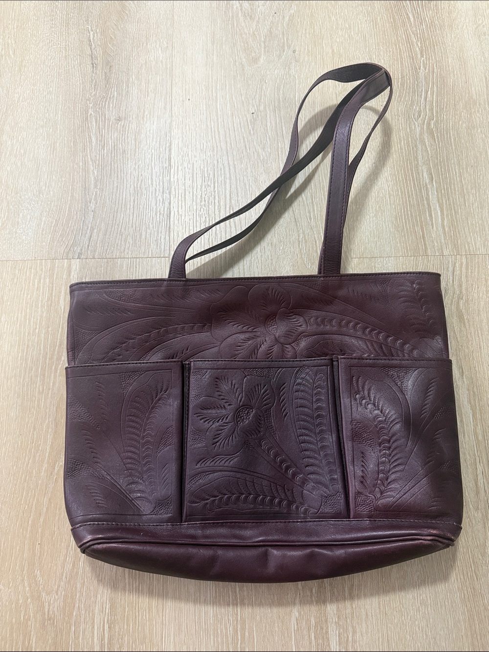 Dark Brown Floral-Embossed Leather Tote